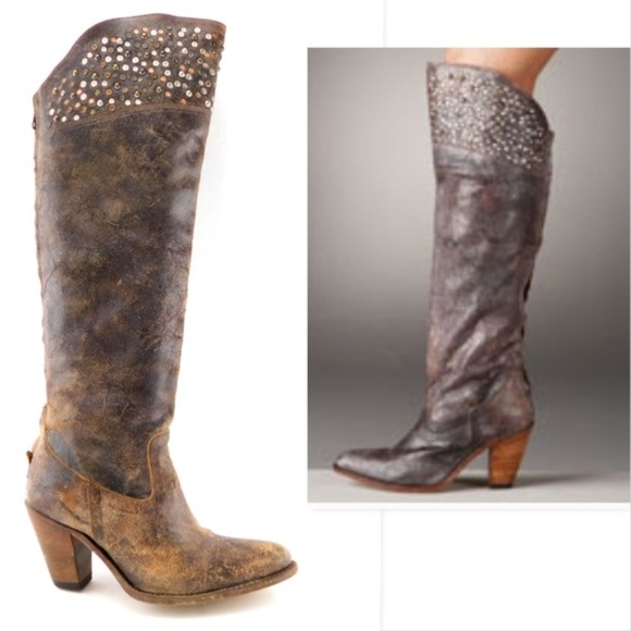 FRYE Distressed Leather Studded Knee High Boots 6 - Picture 1 of 8